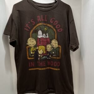 Peanuts Snoopy Charlie Brown Woodstock Men's Brown Graphic Crew Neck Tee L